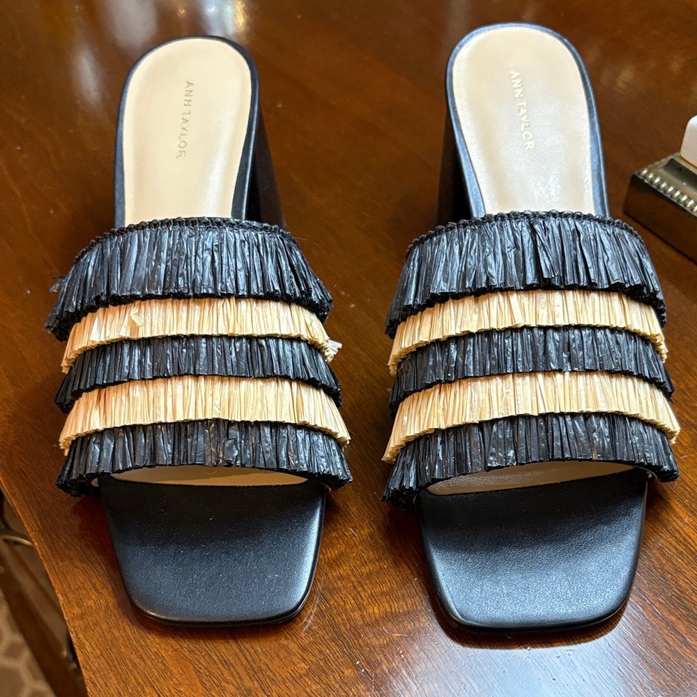 Ann Taylor Black and Tan Layered Fringe Mules
